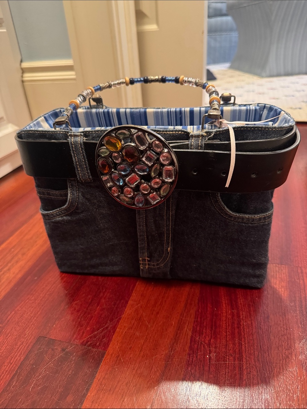 The original Bootie Bags- Denim Basket Handbag with Beaded Handle and Belt